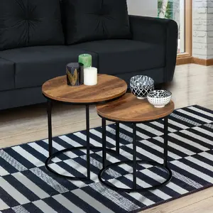 Comparateur de prix : IDMARKET Lot de 2 tables basses gigognes rondes style industriel bois foncé
