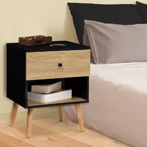 Comparateur de prix : IDMARKET Lot de 2 tables de chevet scandinaves bois et noir 1 tiroir
