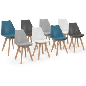 Comparateur de prix : IDMARKET Lot de 8 chaises scandinaves SARA mix color blanc x2, gris clair x2, gris foncé x2, bleu canard x2