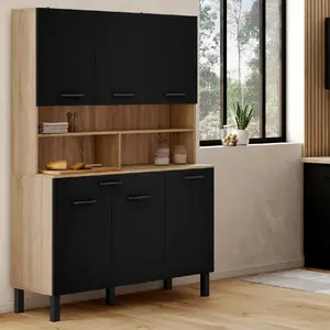 Comparateur de prix : IDMARKET Buffet de cuisine 120 CM CINA 6 portes + tiroir façon hêtre et noir