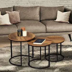 Comparateur de prix : IDMARKET Lot de 3 tables basses gigognes HAWKINS rondes 30/40/45 bois foncé design industriel