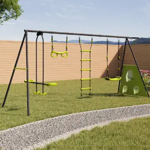 Comparateur de prix : IDMARKET Balançoire 4 agrès portique avec balançoire face à face trapè...