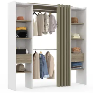 Comparateur de prix : IDMARKET Dressing extensible double blanc et bois avec rideau taupe