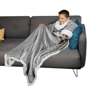 Comparateur de prix : VIVEZEN Plaid avec manches et poche - 120 x 160cm - Sherpa et flanelle - Enfant - Gris -