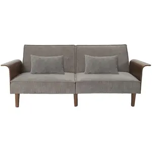 CALICOSY Canapé convertible 3 places en velours côtelé gris et bois L205 cm pas cher