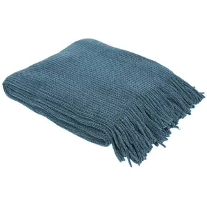 THE HOME DECO FACTORY - Plaid chenille en polyester avec franges 120 x 150 cm bleu canardVendu parcarrefour