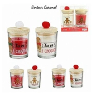 JJA COFFRET 2 BOUGIES DE NOEL POMPON PARFUMEE CARAMEL 7X5 CM CADEAU DECORATION DE FETE pas cher