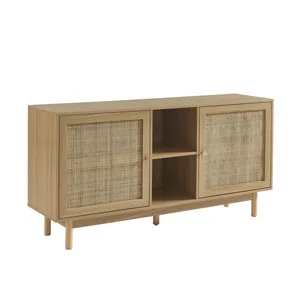 GAUCET ONYX - Buffet effet chêne et cannage rotin 150 cm pas cher