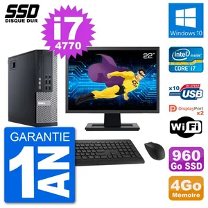 PC Dell 9020 SFF Ecran 22" Intel Core i7-4770 RAM 4Go SSD 960Go Windows 10 Wifi pas cher