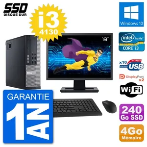 PC Dell 9020 SFF Ecran 19" Intel Core i3-4130 RAM 4Go SSD 240Go Windows 10 Wifi pas cher