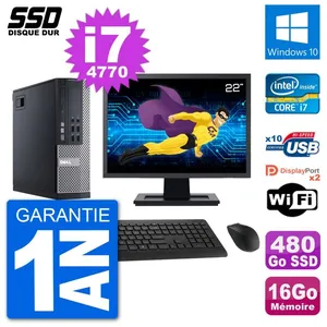 PC Dell 9020 SFF Ecran 22" Intel i7-4770 RAM 16Go SSD 480Go Windows 10 Wifi pas cher