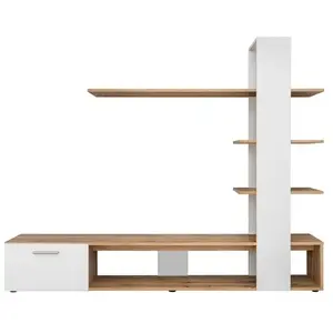 Meublorama PRICE FACTORY Meuble TV avec bibliothèque et étagères intégrées collection CLEO. Coloris blanc et chêne pas cher