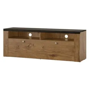 Meublorama PRICE FACTORY Meuble TV 140cm collection SANTIAGO. Couleur chêne et noir effet bois. 1 Porte pas cher