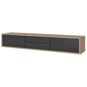 Meublorama PRICE FACTORY Meuble TV 180cm, 2 tiroirs et 2 portes collection MAANUM. Couleur chêne clair et gris. pas cher