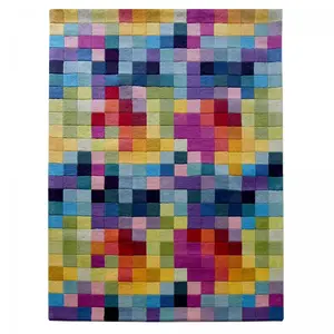 Tapis salon tufté main en laine motif géométrique, bleu 160x230
