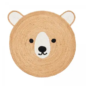 Tapis enfant tissé main en jute naturel motif Ours, blanc ø100cm pas cher