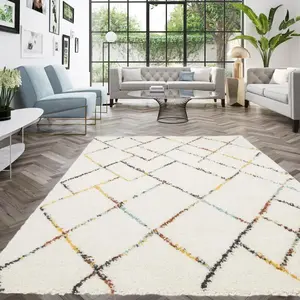 UNAMOURDETAPIS Tapis shaggy 120x170 rectangle tissé crème motif berbère CHROMA 2 pas cher