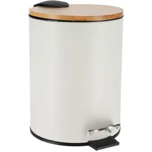 Comparateur de prix : TENDANCE Poubelle à pédale 3L en métal Blanc avec Couvercle en Bambou
