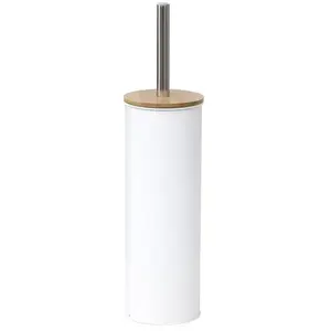 Comparateur de prix : TENDANCE - Brosse WC avec support en métal Blanc et couvercle Bambou