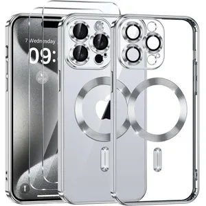 MASSILIA TECH Coque pour iphone 15 pro max et 2 vitres verre trempé compatible magsafe magnétique transparent argent anneau