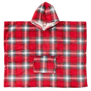 ACTUEL Poncho junior double face flanelle/sherpa imprimé carreaux  rouge  100x80cmVendu parauchan