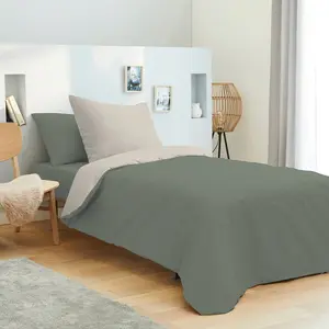 UNIVERS DECOR Pack complet 4 pièces Eucalyptus/Lin réversible housse de couette pour lit 90 x 190 cm pas cher