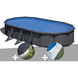 GRE Kit piscine acier gris anthracite Gré Louko ovale 7,44 x 3,99 x 1,... pas cher