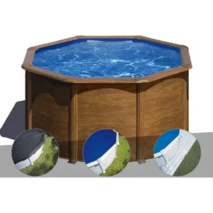 Gre Kit piscine acier aspect bois Gré Pacific ronde 2,60 x 1,22 m + Bâ... pas cher