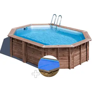 Kit piscine bois gré bambu 5,35 x 3,35 x 1,36 m + bâche à bulles pas cher