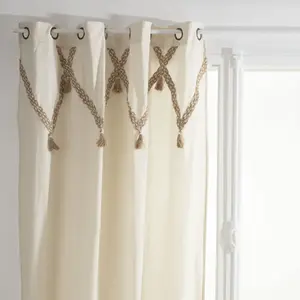 Comparateur de prix : TOILINUX - Lot de 2 Rideaux Carmen à Pompons en jute - 140 cm x 260 cm - Beige - Carmen