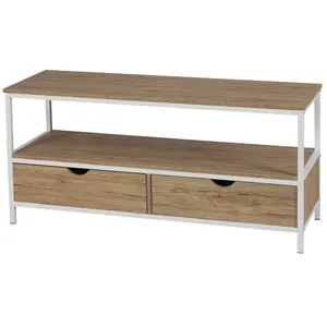 Comparateur de prix : Toilinux Meuble Tv Casa Blanca En Panneaux De Particules Et Métal 2 Tiroirs - L.120 Cm X H.57 Cm - Beige Et Blanc