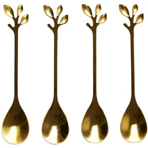 Comparateur de prix : The Home Deco Factory Lot De 4 Cuillères À Café Feuille - Doré