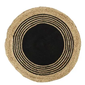 Toilinux - Tapis rond en Jute et coton - Imprimé Noir - Diamètre 90 cm