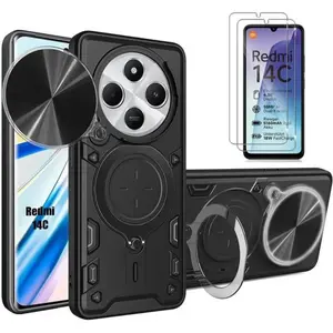 Comparateur de prix : E.F.CONNECTION Coque pour Xiaomi Redmi 14C avec 2 Verres Trempés, Coque avec Cache Caméra et Anneau Support - Noir