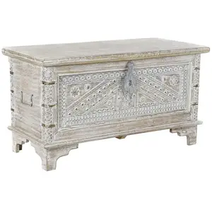Pegane Coffre en bois de manguier et laiton coloris blanc vieilli - Longueur 88 x Profondeur 40 x Hauteur 45 cm -- pas cher