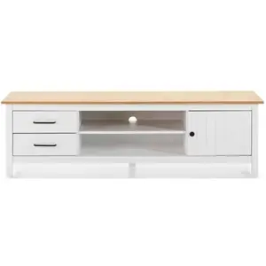 Pegane Meuble TV en pin massif décor ciré chêne et blanc, meuble de rangement - Longueur 158 x Profondeur 40 x Hauteur 47 cm-- pas cher