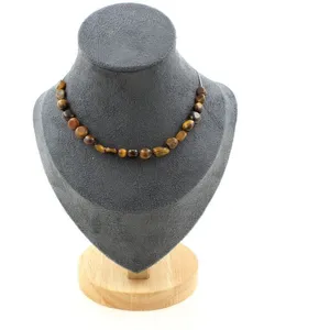 Pierres et Minéraux. Collier 20 perles Oeil de Tigre mat 8 mm. Chaine en acier inoxydable Collier femmes, hommes. Taille personnali Oeil de Tigre mat - Achat / Vente sautoir et collier