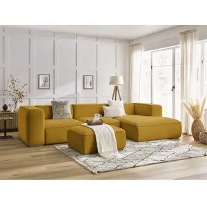 Canapé d'angle fixe ZEPHYR avec pouf jaune  angle droit BOBOCHIC 5 places