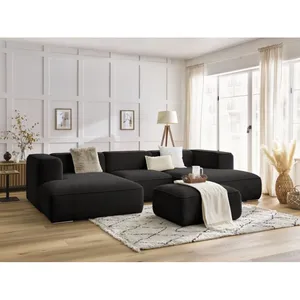 Canapé panoramique fixe ZEPHYR avec pouf noir BOBOCHIC 5 places