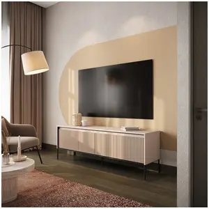 Meuble TV 4 portes 167 cm LENARA avec tasseaux et LED beige BOBOCHIC pas cher