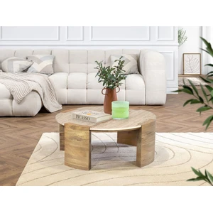 Table basse ronde D.85 cm TORVI plateau travertin et pieds bois massif de manguier clair BOBOCHIC pas cher