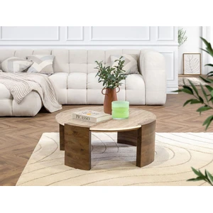 Table basse ronde D.85 cm TORVI plateau travertin et pieds bois massif d'acacia BOBOCHIC pas cher