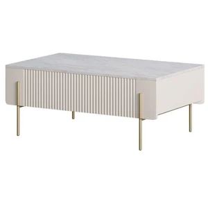 Table basse 2 tiroirs 100 cm MATHILDE plateau effet marbre et pieds or Bobochic