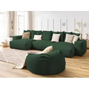Canapé panoramique fixe VOLTAIRE velours côtelé avec pouf Bobochic pas cher
