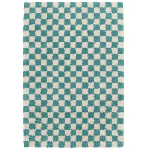 Bobochic tapis poils longs damien motifs damier bleu clair 200x290 DAMIEN pas cher