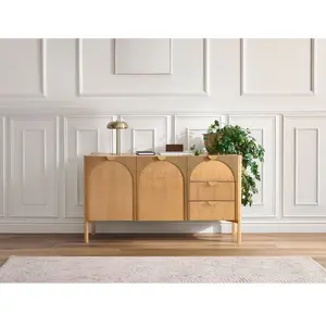Buffet 2 portes 3 tiroirs 135 cm LOLA motif arrondi et placage frêne massif    BOBOCHIC