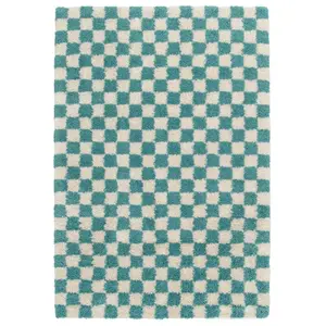 Tapis poils longs damien motifs damier 160x230 Bleu clair - Bobochic