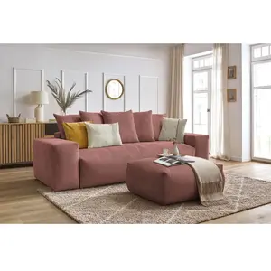Canapé droit convertible coffre VOLTAIRE avec pouf Rose BOBOCHIC TU pas cher