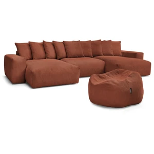 Canapé panoramique fixe VOLTAIRE velours côtelé avec pouf Bobochic pas cher