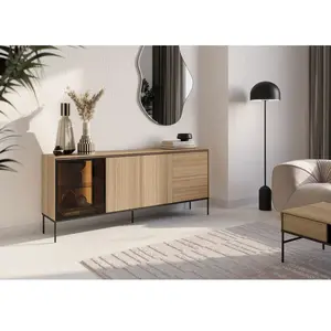 BOBOCHIC Buffet 3 portes 2 tiroirs 200 cm VERONA effet chêne et verre fumé avec... pas cher